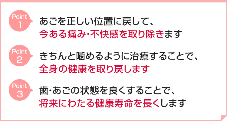 ①あごを正しい位置に戻して、今ある痛み・不快感を取り除きます②きちんと噛めるように治療することで、全身の健康を取り戻します③歯・あごの状態を良くすることで、将来にわたる健康寿命を長くします