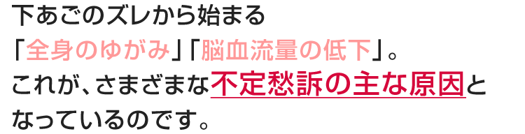 下あごのズレから始まる「全身のゆがみ」「脳血流量の低下」。これが、さまざまな不定愁訴の主な原因となっているのです。